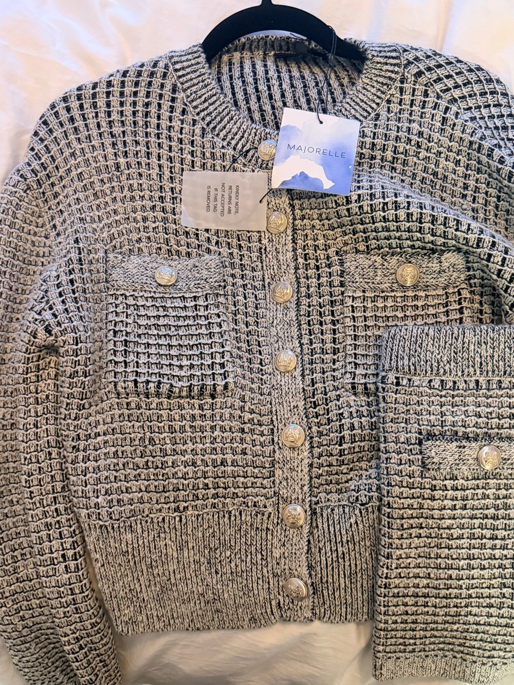 MAJORELLE Gray Textured Knit Cardigan with Gold Buttons